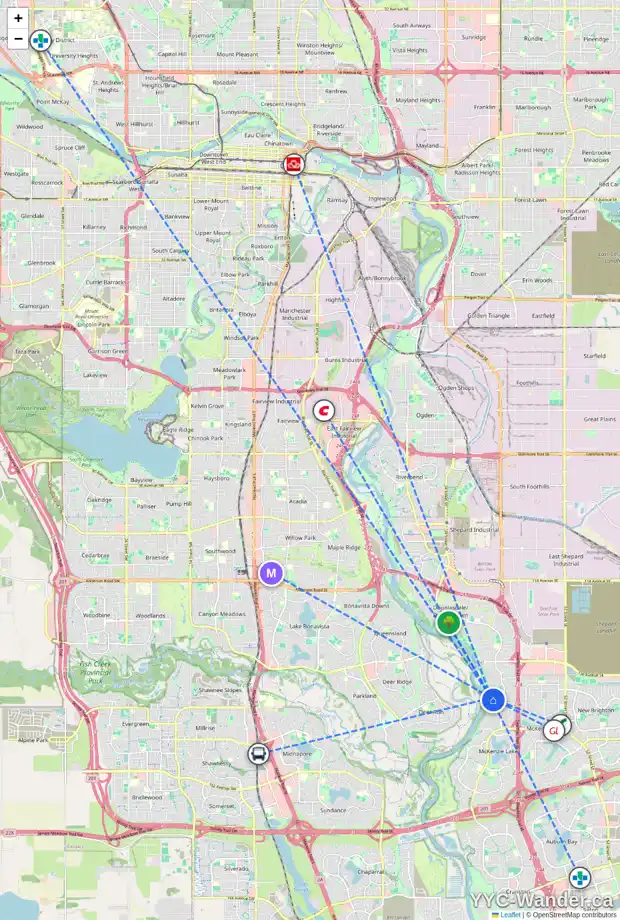 Daily accessibility map for 222 MT DOUGLAS GR SE, Calgary showing nearby schools, grocery stores, parks, LRT stations and nearby amenities