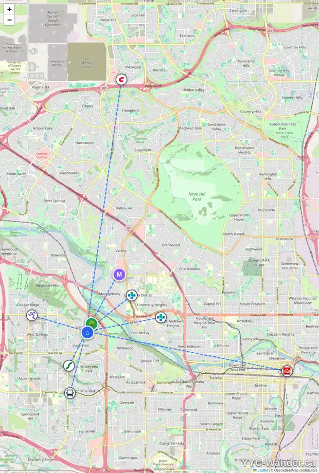 Daily accessibility map for 37 PROMINENCE PA SW, Calgary showing nearby schools, grocery stores, parks, LRT stations and nearby amenities