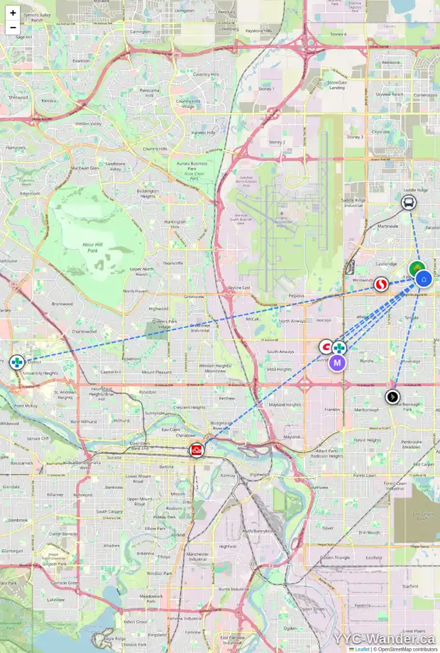 Daily accessibility map for 33 FALTON DR NE, Calgary showing nearby schools, grocery stores, parks, LRT stations and nearby amenities