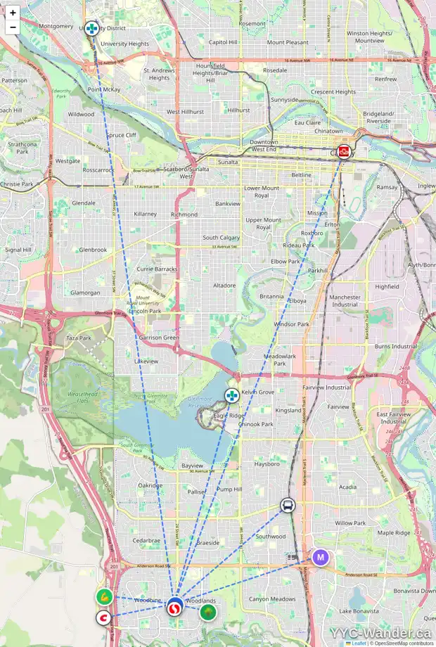 Daily accessibility map for 83 WOODGLEN CI SW, Calgary showing nearby schools, grocery stores, parks, LRT stations and nearby amenities