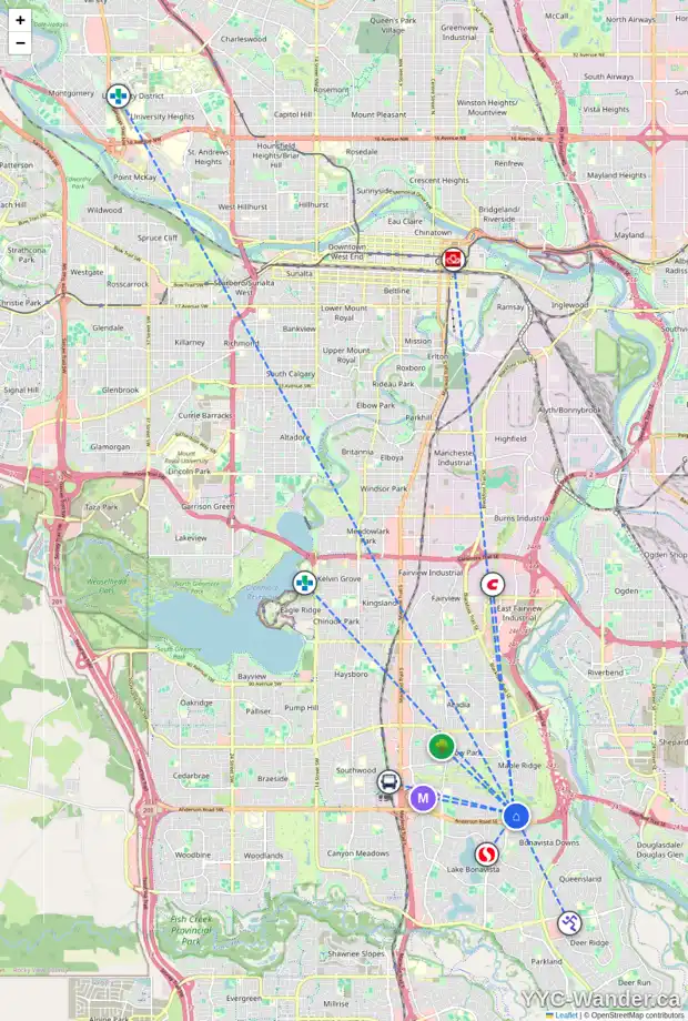Daily accessibility map for 99 MAPLEGLADE CL SE, Calgary showing nearby schools, grocery stores, parks, LRT stations and nearby amenities