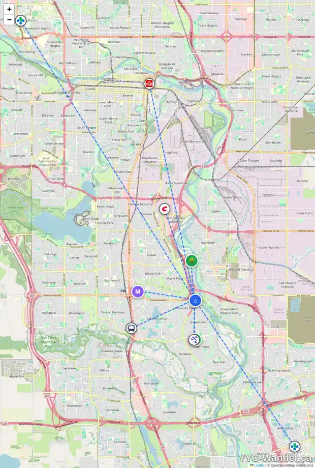 Daily accessibility map for 208 DIAMOND PT SE, Calgary showing nearby schools, grocery stores, parks, LRT stations and nearby amenities