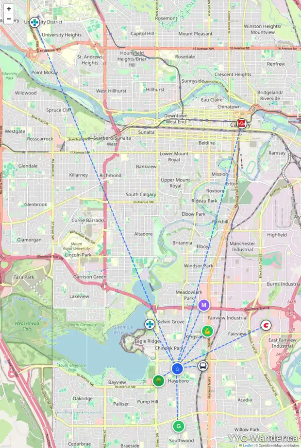 Daily accessibility map for 66 HARCOURT RD SW, Calgary showing nearby schools, grocery stores, parks, LRT stations and nearby amenities