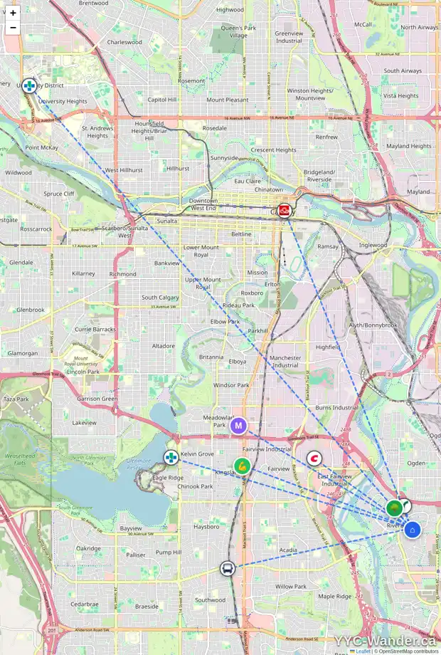 Daily accessibility map for 60 RIVERGLEN RD SE, Calgary showing nearby schools, grocery stores, parks, LRT stations and nearby amenities