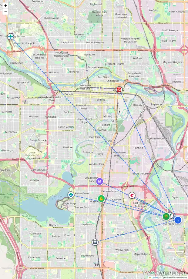 Daily accessibility map for 164 RIVERCROFT CL SE, Calgary showing nearby schools, grocery stores, parks, LRT stations and nearby amenities