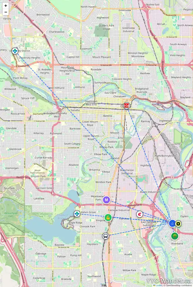 Daily accessibility map for 1636 76 AV SE, Calgary showing nearby schools, grocery stores, parks, LRT stations and nearby amenities