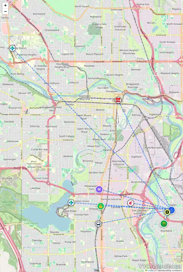 Daily accessibility map for 7430 20 ST SE, Calgary showing nearby schools, grocery stores, parks, LRT stations and nearby amenities
