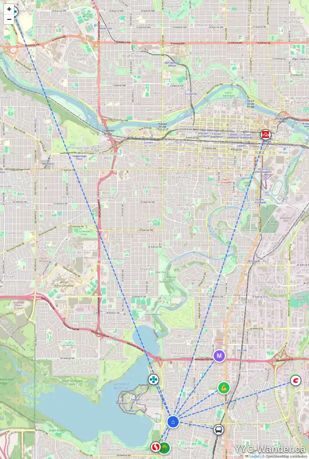 Daily accessibility map for 8216 CHURCHILL DR SW, Calgary showing nearby schools, grocery stores, parks, LRT stations and nearby amenities