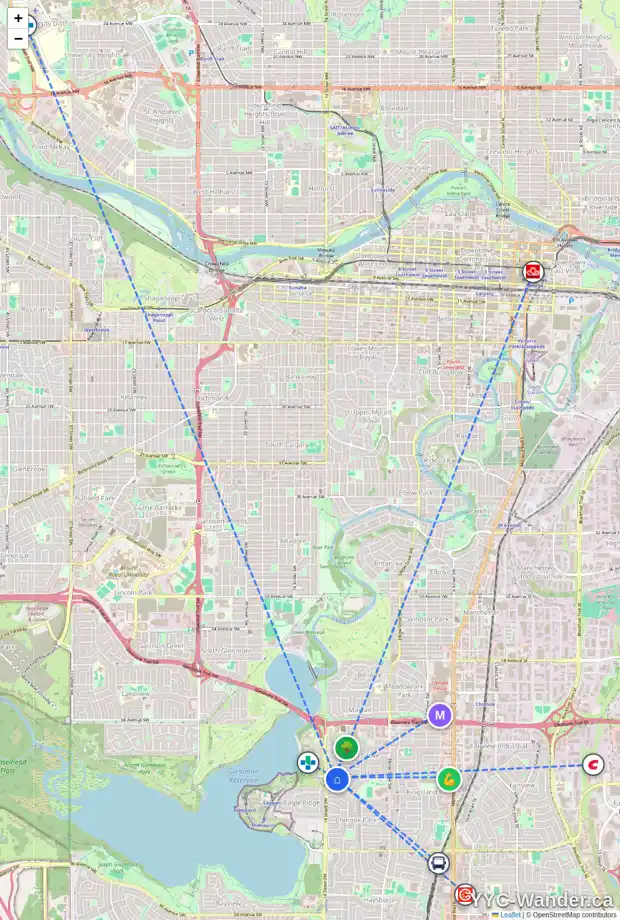 Daily accessibility map for 1404 KERWOOD CR SW, Calgary showing nearby schools, grocery stores, parks, LRT stations and nearby amenities