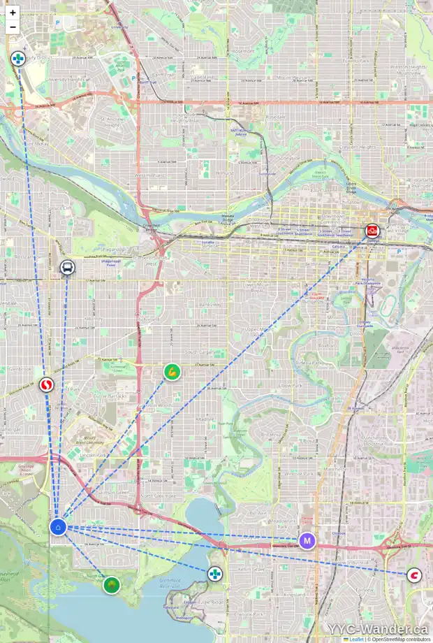 Daily accessibility map for 6136 LONGMOOR WY SW, Calgary showing nearby schools, grocery stores, parks, LRT stations and nearby amenities