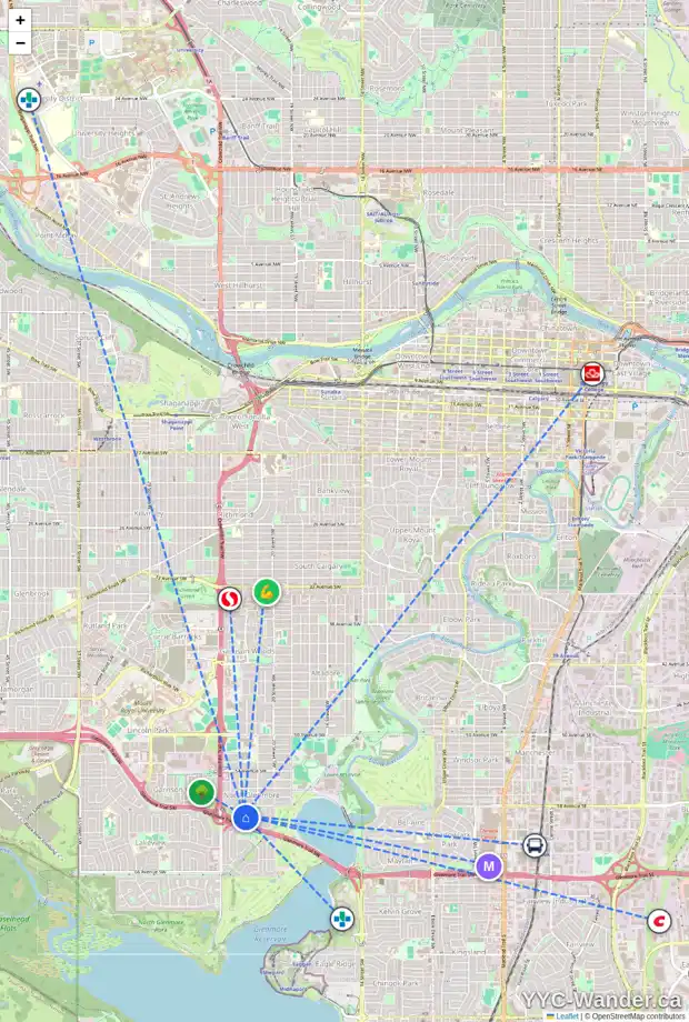 Daily accessibility map for 2327 LINCOLN DR SW, Calgary showing nearby schools, grocery stores, parks, LRT stations and nearby amenities