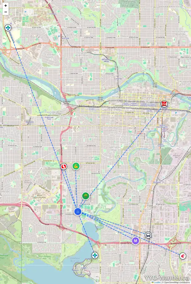 Daily accessibility map for 2036 53 AV SW, Calgary showing nearby schools, grocery stores, parks, LRT stations and nearby amenities