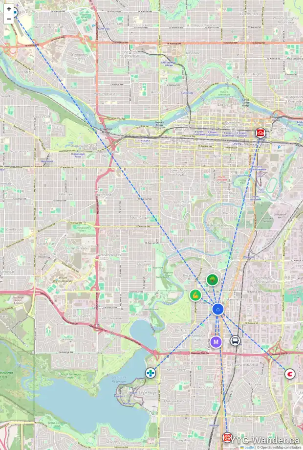 Daily accessibility map for 431 54 AV SW, Calgary showing nearby schools, grocery stores, parks, LRT stations and nearby amenities