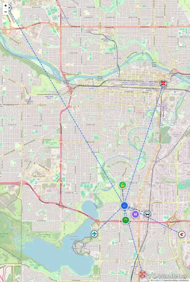 Daily accessibility map for 18 MALIBOU RD SW, Calgary showing nearby schools, grocery stores, parks, LRT stations and nearby amenities