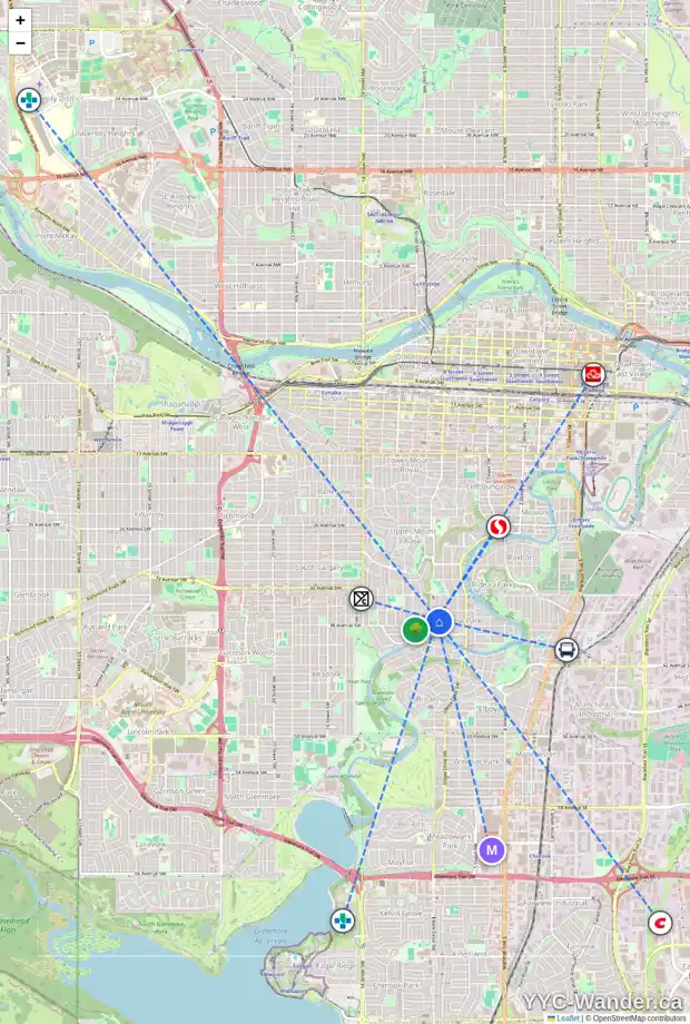 Daily accessibility map for 3825 7A ST SW, Calgary showing nearby schools, grocery stores, parks, LRT stations and nearby amenities