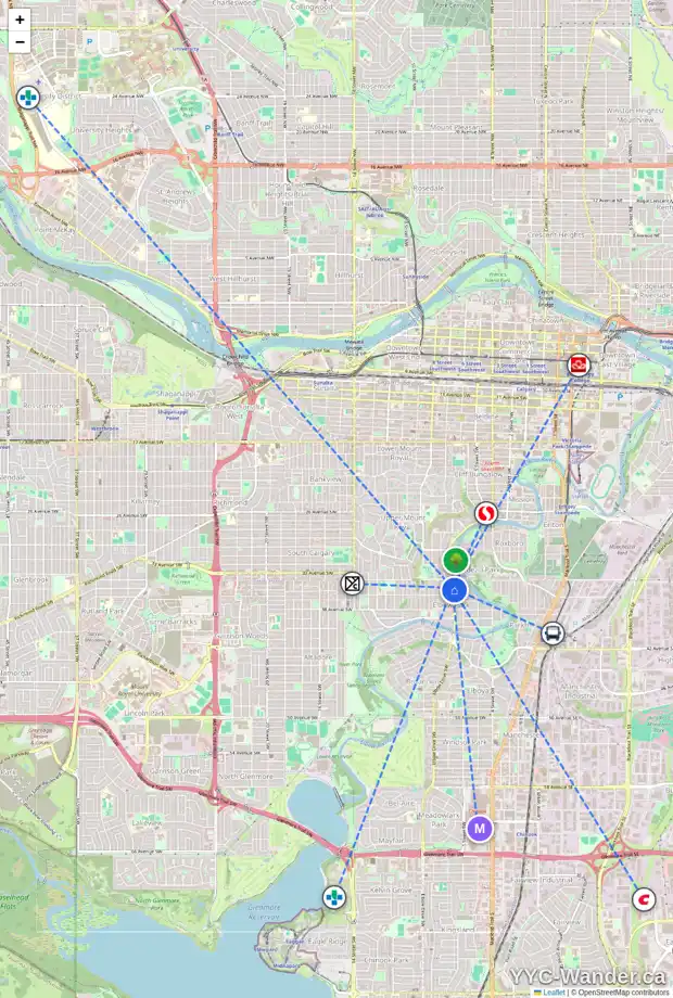 Daily accessibility map for 3623 ELBOW DR SW, Calgary showing nearby schools, grocery stores, parks, LRT stations and nearby amenities