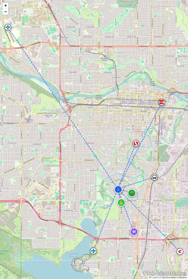 Daily accessibility map for 907 EDINBURGH RD SW, Calgary showing nearby schools, grocery stores, parks, LRT stations and nearby amenities