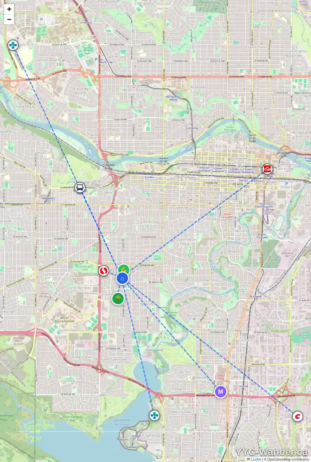 Daily accessibility map for 2113 36 AV SW, Calgary showing nearby schools, grocery stores, parks, LRT stations and nearby amenities