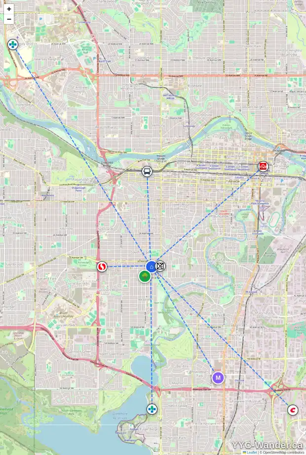 Daily accessibility map for 1613 34 AV SW, Calgary showing nearby schools, grocery stores, parks, LRT stations and nearby amenities