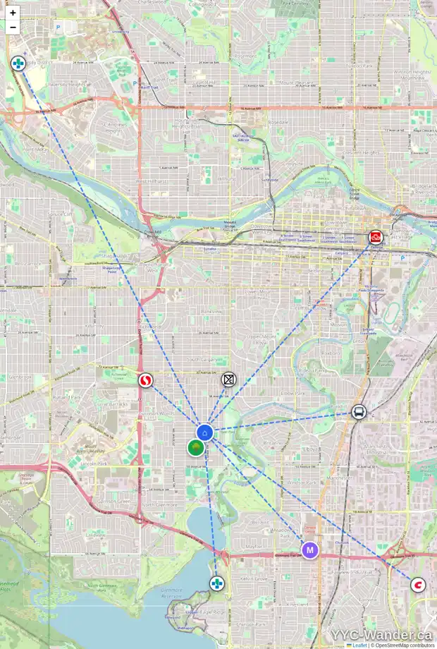 Daily accessibility map for 4444 16A ST SW, Calgary showing nearby schools, grocery stores, parks, LRT stations and nearby amenities