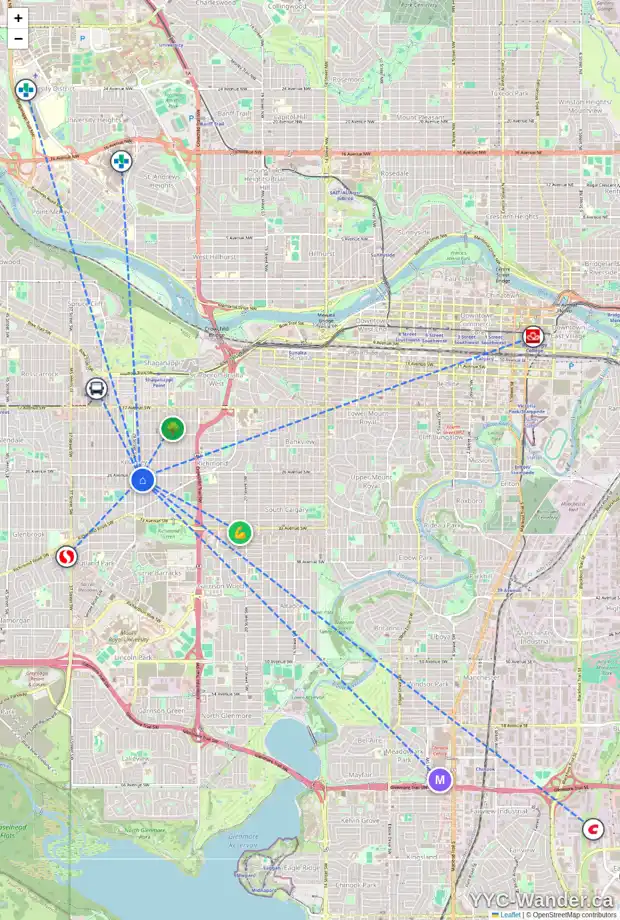 Daily accessibility map for 2807 28 ST SW, Calgary showing nearby schools, grocery stores, parks, LRT stations and nearby amenities