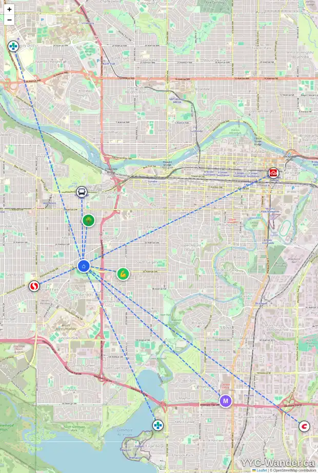 Daily accessibility map for 2716 32 AV SW, Calgary showing nearby schools, grocery stores, parks, LRT stations and nearby amenities