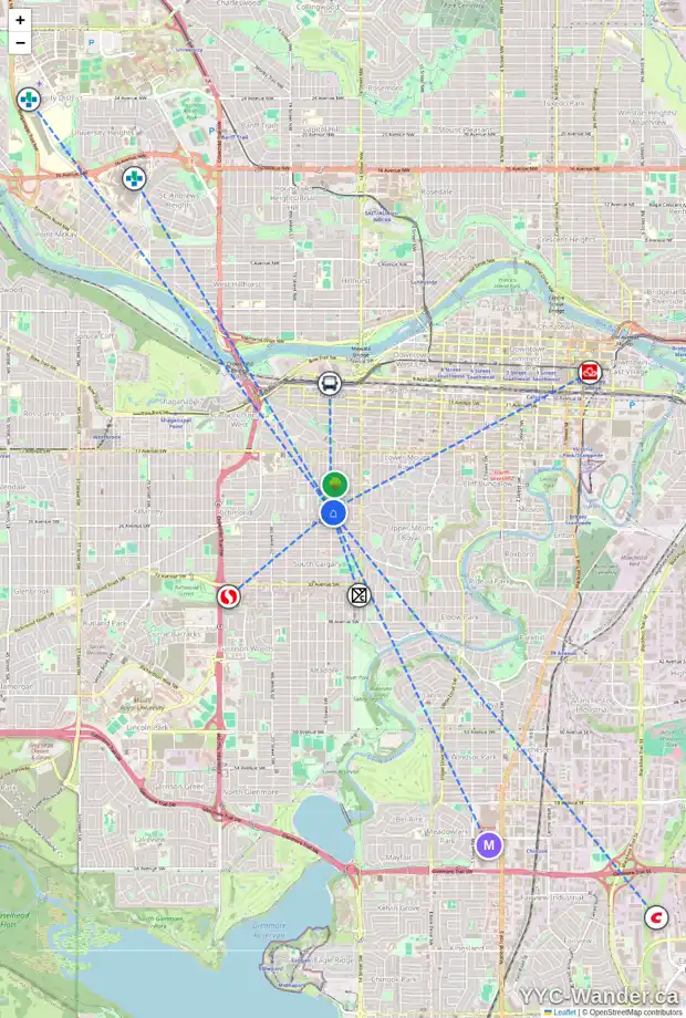 Daily accessibility map for 1708 25 AV SW, Calgary showing nearby schools, grocery stores, parks, LRT stations and nearby amenities