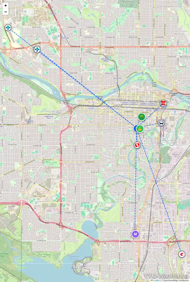 Daily accessibility map for 527 18 AV SW, Calgary showing nearby schools, grocery stores, parks, LRT stations and nearby amenities
