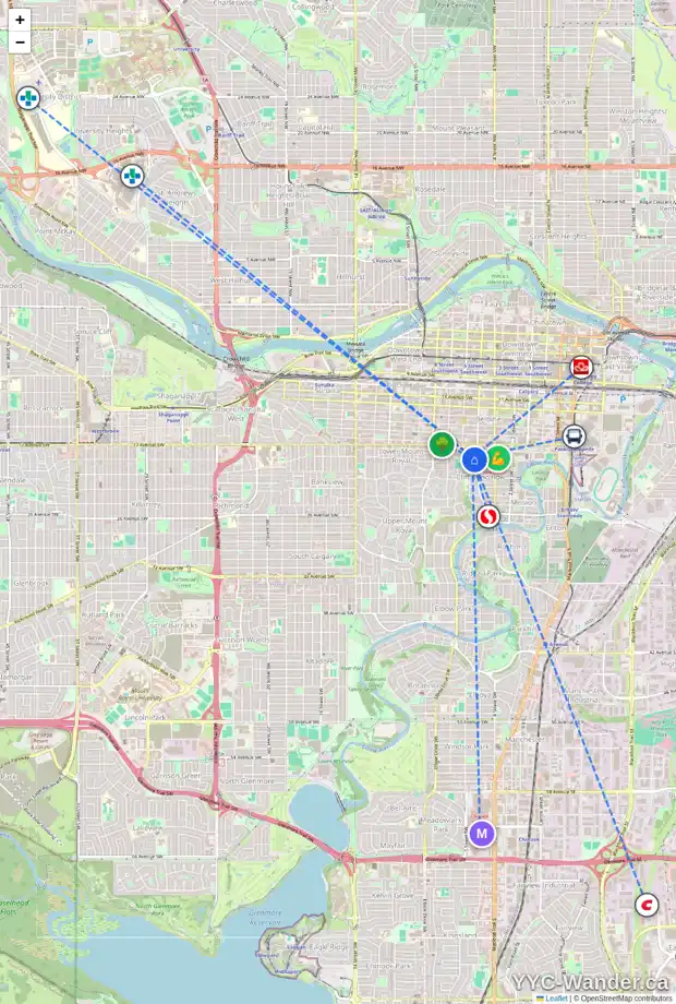 Daily accessibility map for 1740 5A ST SW, Calgary showing nearby schools, grocery stores, parks, LRT stations and nearby amenities