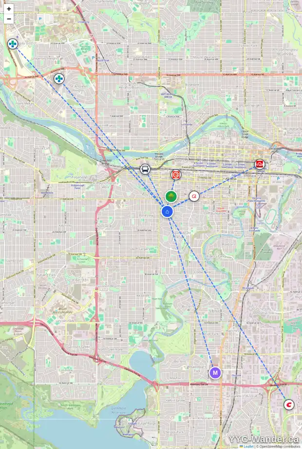 Daily accessibility map for 1939 12 ST SW, Calgary showing nearby schools, grocery stores, parks, LRT stations and nearby amenities