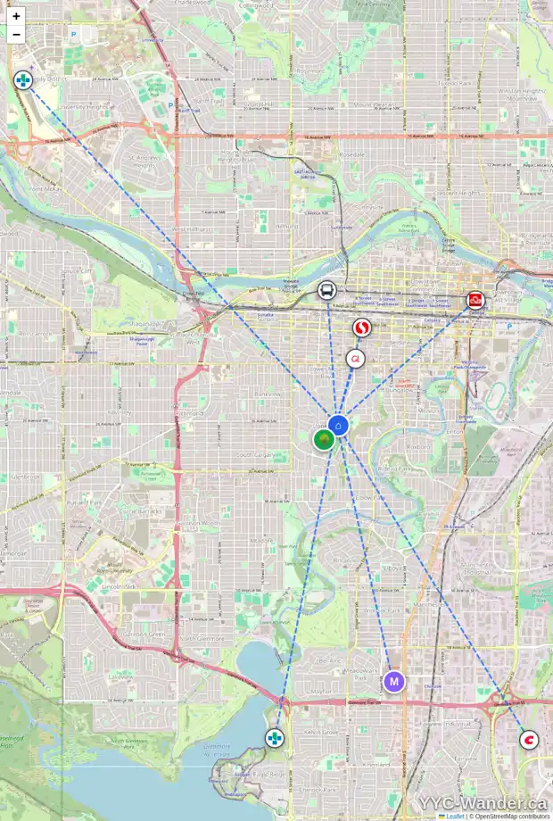 Daily accessibility map for 2606 10 ST SW, Calgary showing nearby schools, grocery stores, parks, LRT stations and nearby amenities