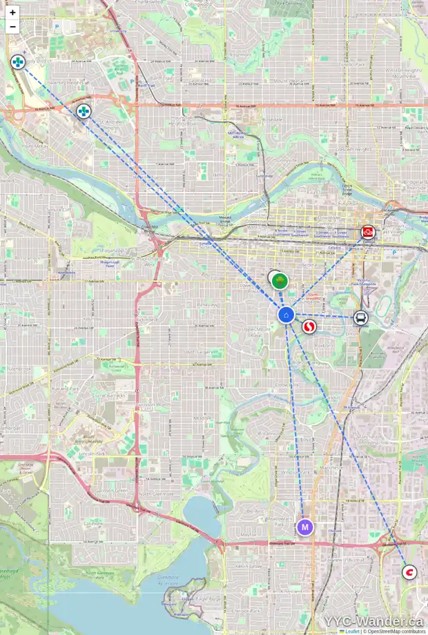 Daily accessibility map for 710 PROSPECT AV SW, Calgary showing nearby schools, grocery stores, parks, LRT stations and nearby amenities