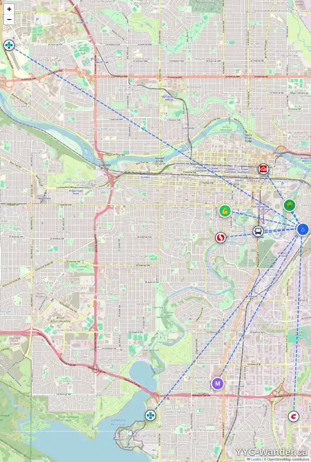 Daily accessibility map for 810 24 AV SE, Calgary showing nearby schools, grocery stores, parks, LRT stations and nearby amenities