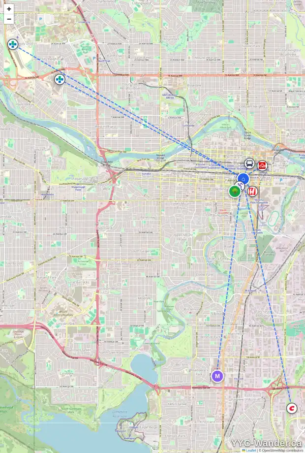 Daily accessibility map for 123 10 AV SW, Calgary showing nearby schools, grocery stores, parks, LRT stations and nearby amenities
