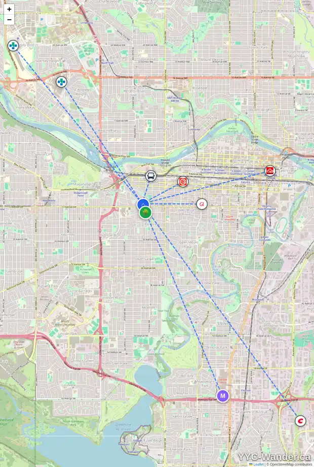 Daily accessibility map for 123 SUPERIOR AV SW, Calgary showing nearby schools, grocery stores, parks, LRT stations and nearby amenities