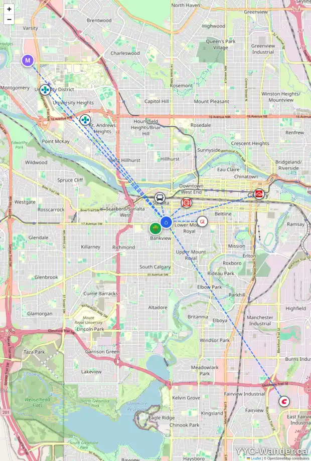 Daily accessibility map for 206 1605 16 AV SW, Calgary showing nearby schools, grocery stores, parks, LRT stations and nearby amenities