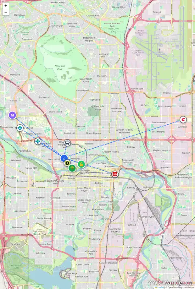 Daily accessibility map for 2021 4 AV NW, Calgary showing nearby schools, grocery stores, parks, LRT stations and nearby amenities