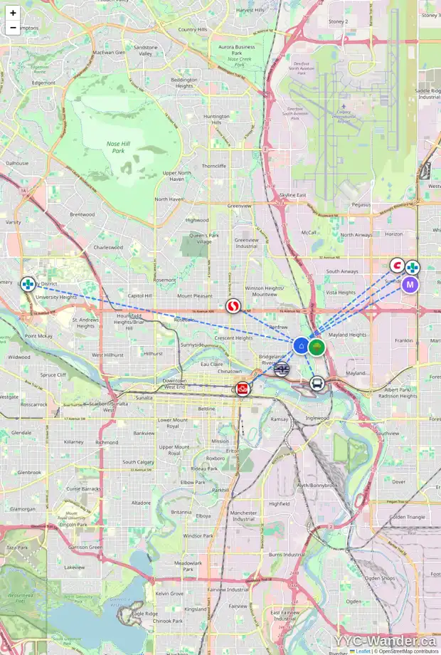 Daily accessibility map for 702 12A ST NE, Calgary showing nearby schools, grocery stores, parks, LRT stations and nearby amenities