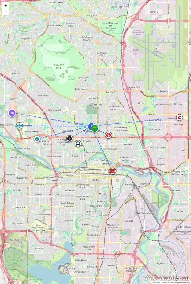 Daily accessibility map for 735 24 AV NW, Calgary showing nearby schools, grocery stores, parks, LRT stations and nearby amenities