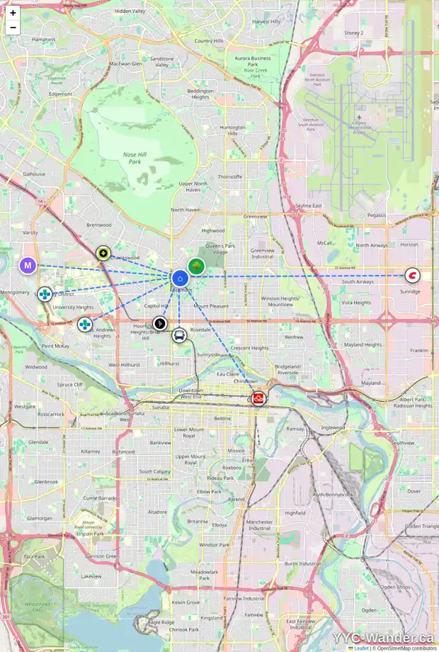 Daily accessibility map for 44 ROSEVALE DR NW, Calgary showing nearby schools, grocery stores, parks, LRT stations and nearby amenities