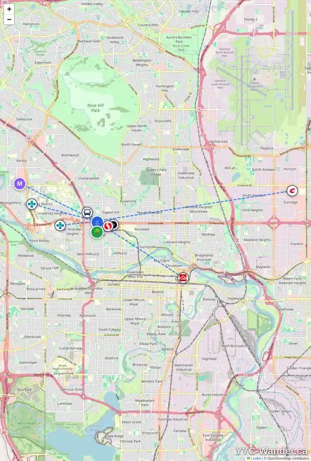 Daily accessibility map for 2131 HALIFAX CR NW, Calgary showing nearby schools, grocery stores, parks, LRT stations and nearby amenities