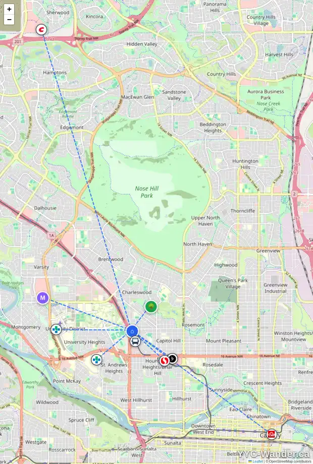Daily accessibility map for 2476 CAPITOL HILL CR NW, Calgary showing nearby schools, grocery stores, parks, LRT stations and nearby amenities