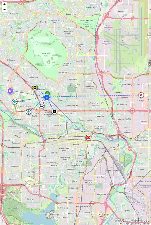 Daily accessibility map for 2708 COCHRANE RD NW, Calgary showing nearby schools, grocery stores, parks, LRT stations and nearby amenities