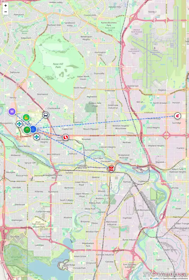 Daily accessibility map for 2311 UXBRIDGE DR NW, Calgary showing nearby schools, grocery stores, parks, LRT stations and nearby amenities