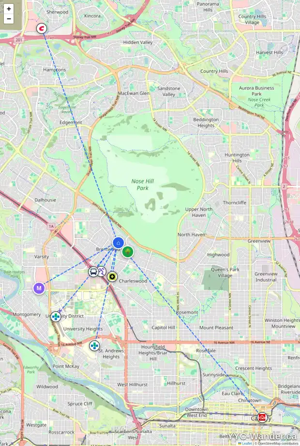 Daily accessibility map for 380 CAPRI CR NW, Calgary showing nearby schools, grocery stores, parks, LRT stations and nearby amenities