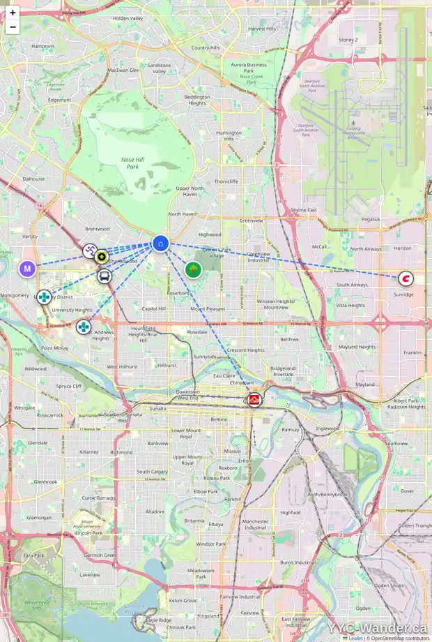 Daily accessibility map for 1712 CAYUGA DR NW, Calgary showing nearby schools, grocery stores, parks, LRT stations and nearby amenities