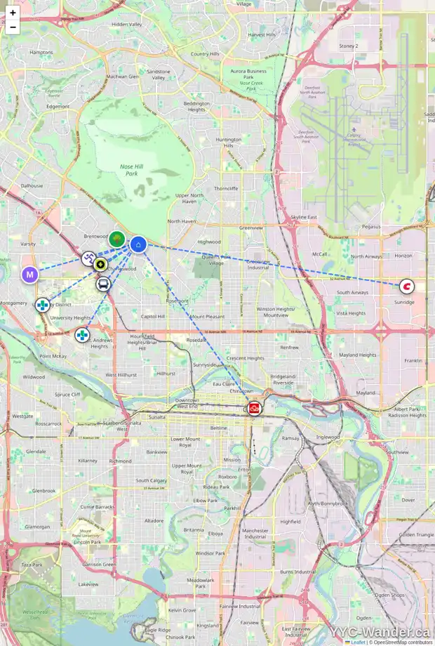 Daily accessibility map for 2028 CROCUS RD NW, Calgary showing nearby schools, grocery stores, parks, LRT stations and nearby amenities