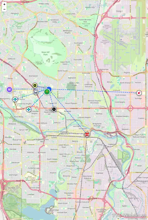 Daily accessibility map for 3340 CARIBOU DR NW, Calgary showing nearby schools, grocery stores, parks, LRT stations and nearby amenities