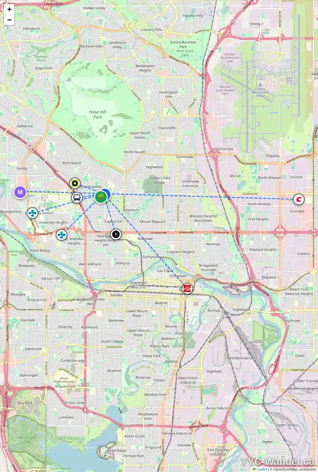 Daily accessibility map for 3319 CARIBOU DR NW, Calgary showing nearby schools, grocery stores, parks, LRT stations and nearby amenities