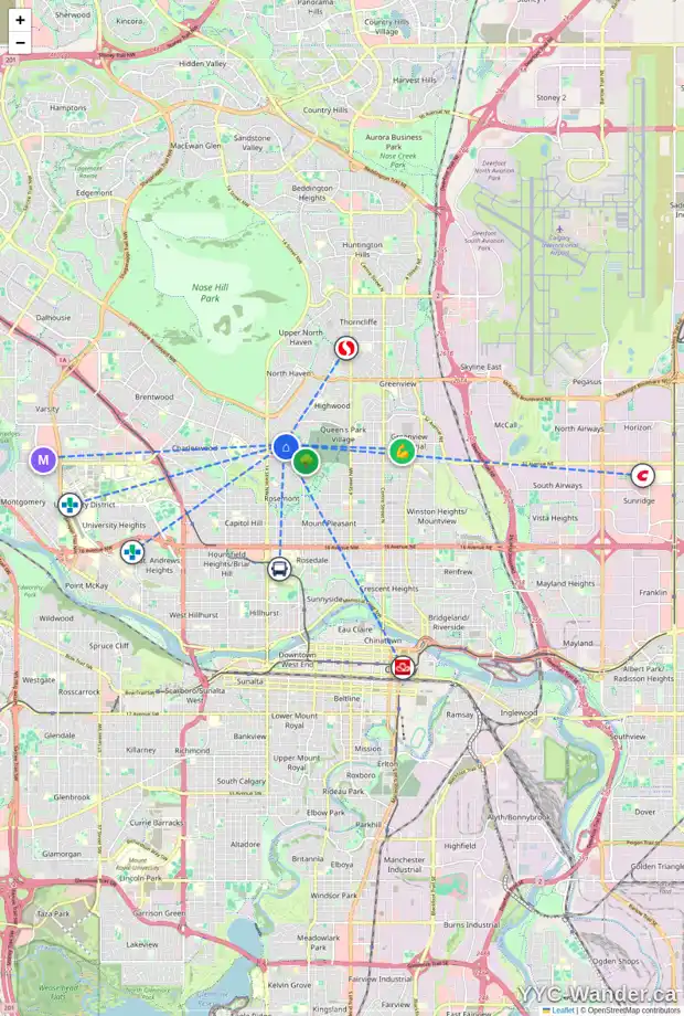 Daily accessibility map for 664 NORTHMOUNT DR NW, Calgary showing nearby schools, grocery stores, parks, LRT stations and nearby amenities